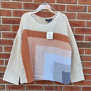 🆕 DAVI & DANI Crochet Crush Colorblocked Knit Openwork Top Sweater size 1XL